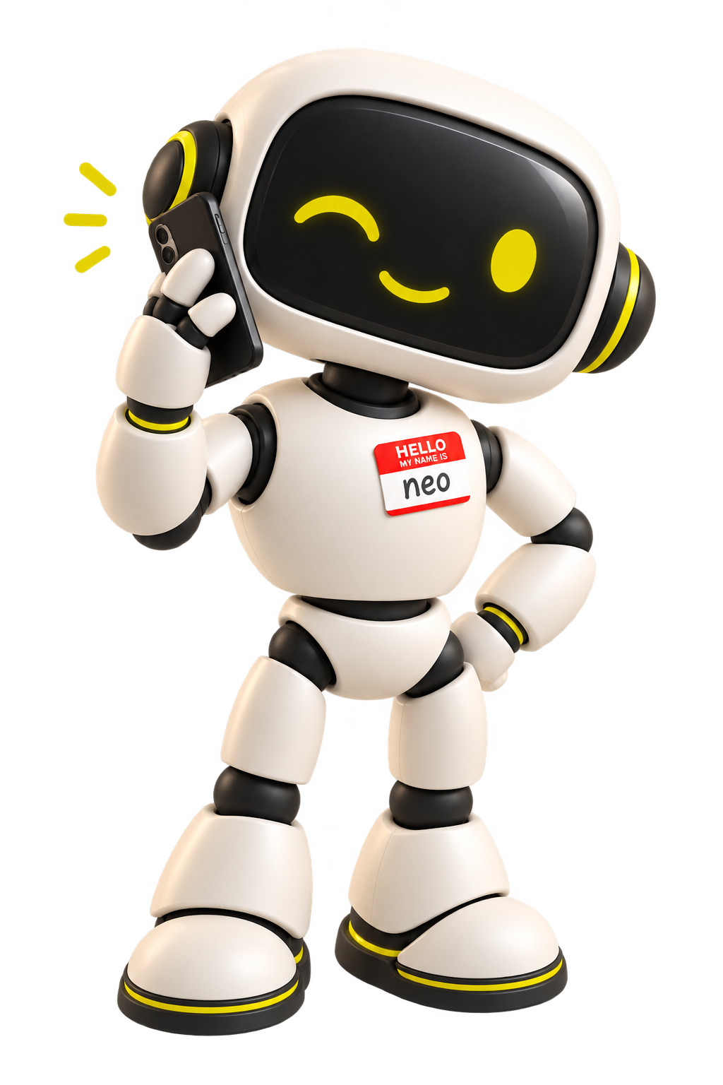 neo, der freundliche neomesh-Roboter, mit einem Telefon am Ohr.