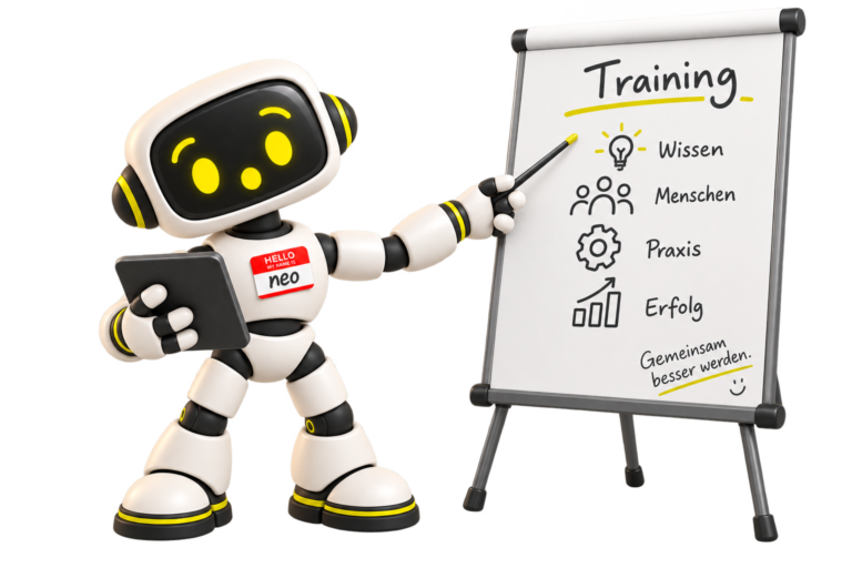 neo, der neomesh-Roboter, erklärt Training an einem Flipchart