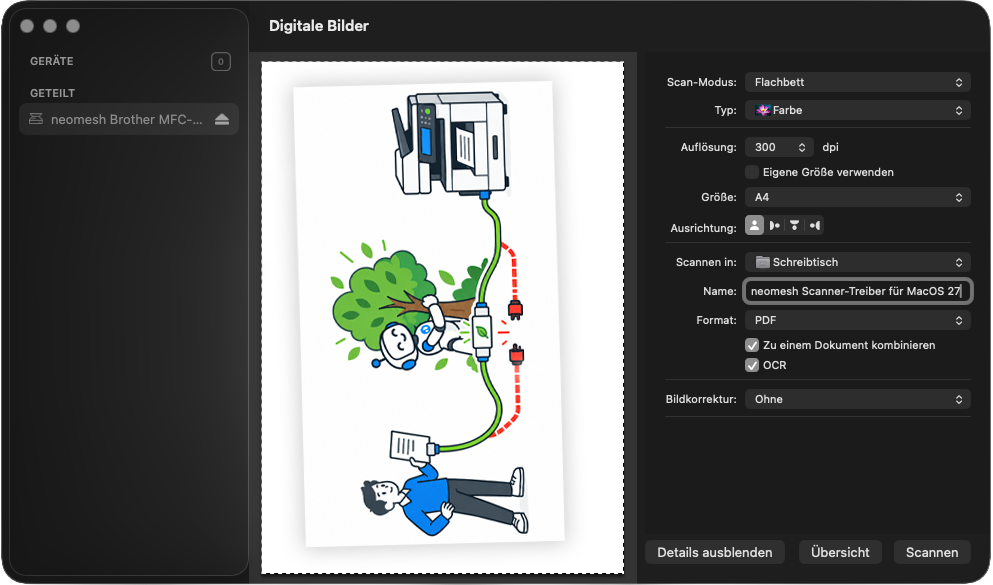 Screenshot von „Digitale Bilder“ mit dem neomesh Brother-Scanner, einer Scanvorschau und Einstellungen für Flachbett, Farbe, 300 dpi und PDF-Ausgabe.